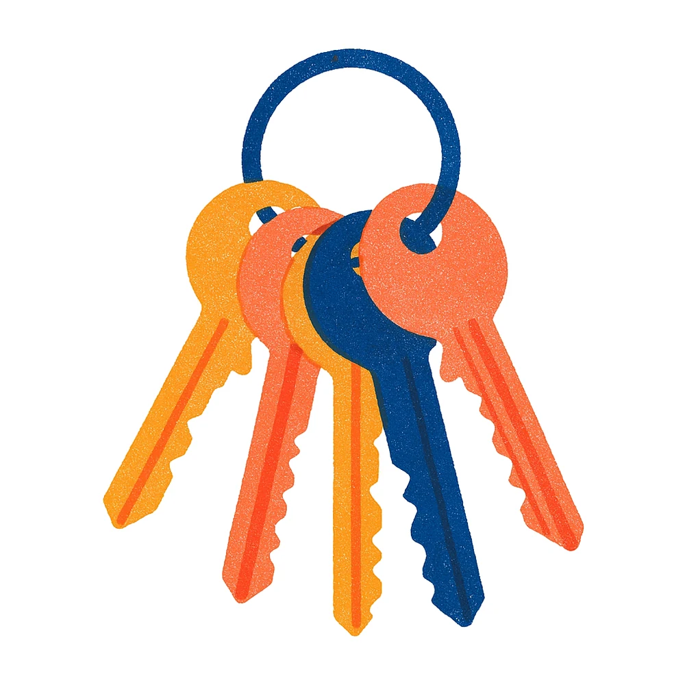 Six keys fanned out on a ring.