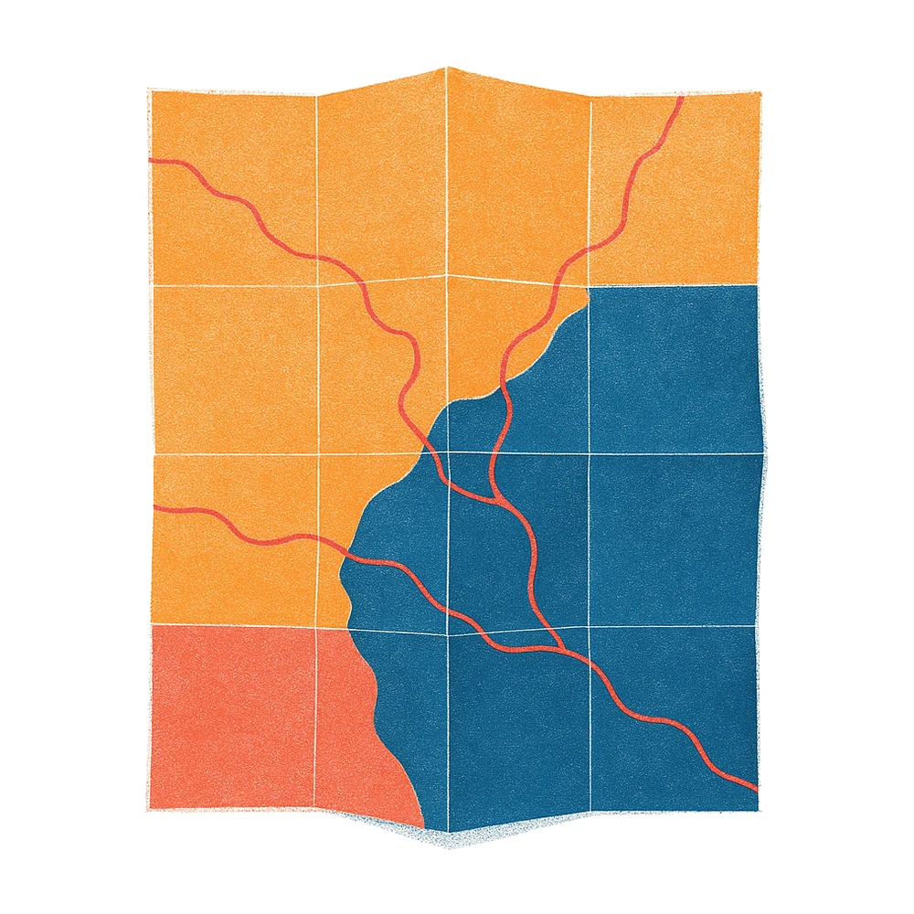 A partly unfolded paper road map.