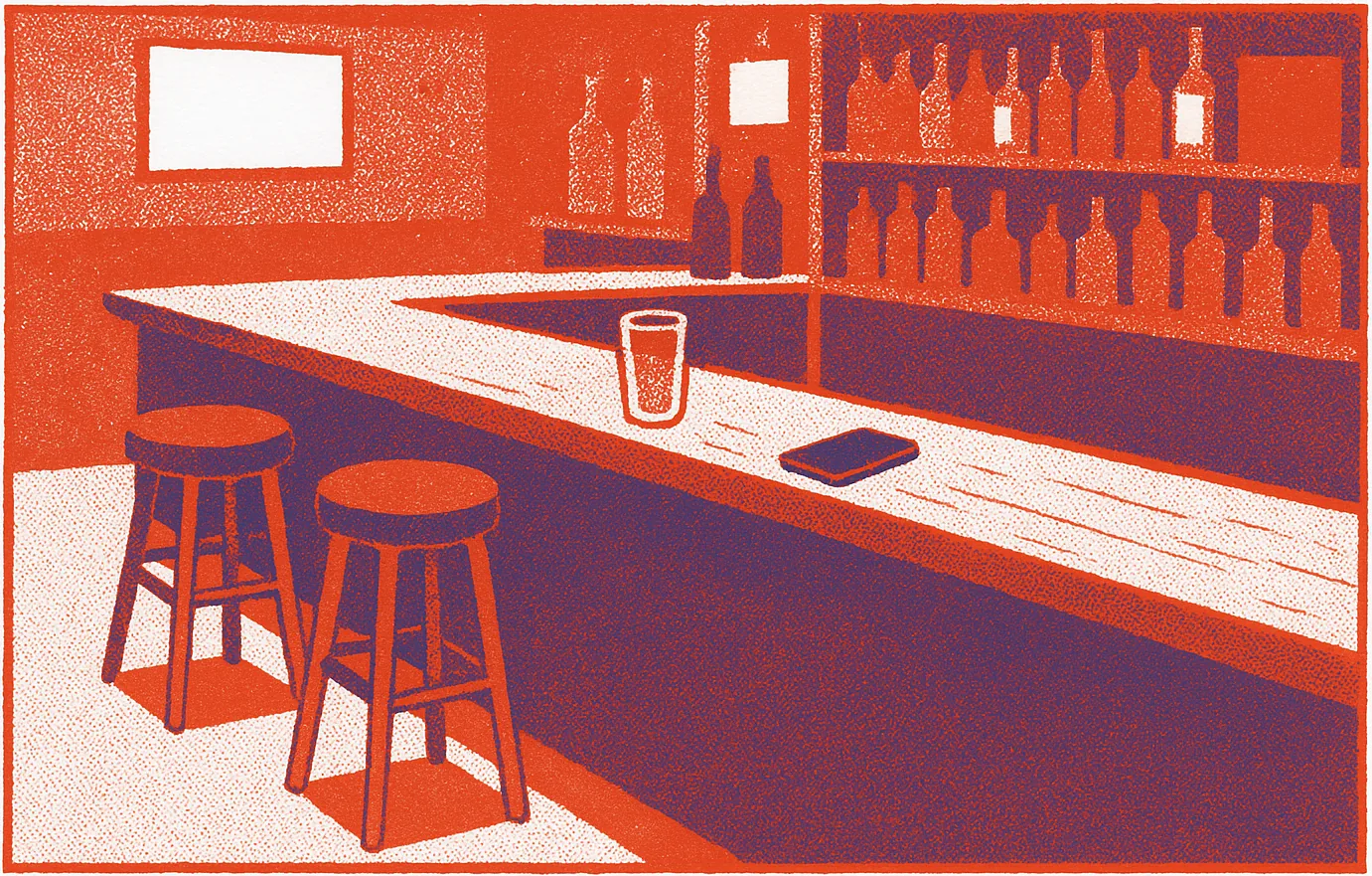 A screenprint of an empty American bar: two stools at the counter with a gap between them, one glass, and a phone lying face up on the wood.