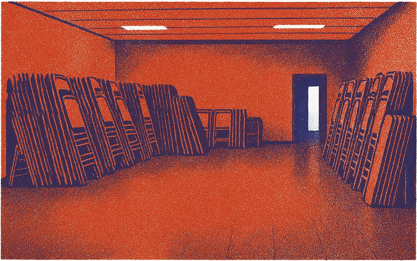 A screenprint of an empty hall after it has been closed up: every folding chair stacked in leaning columns against the walls, the tables folded flat beside them, a bare floor, and one lit doorway at the far end.