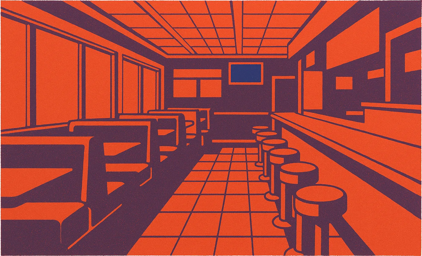 A screenprint of an empty diner: a row of booths along the window wall, a counter with round stools opposite, and a blank television screen high on the far wall.
