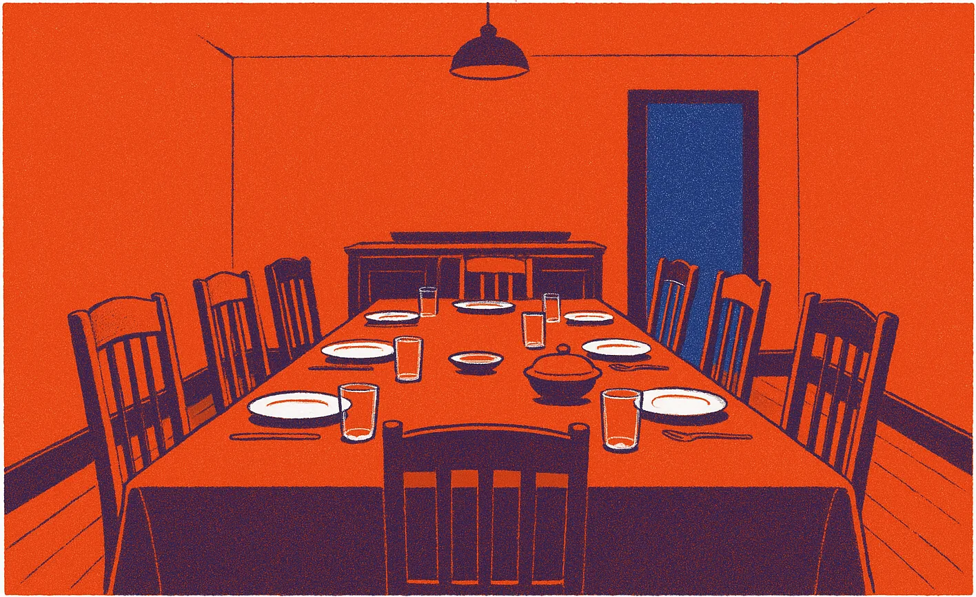 A screenprint of an empty dining room laid for a large family meal: a long table under a plain cloth, eight chairs drawn up to it and one extra chair added at the near corner, plates and glasses set out, and a lit doorway at the far end.