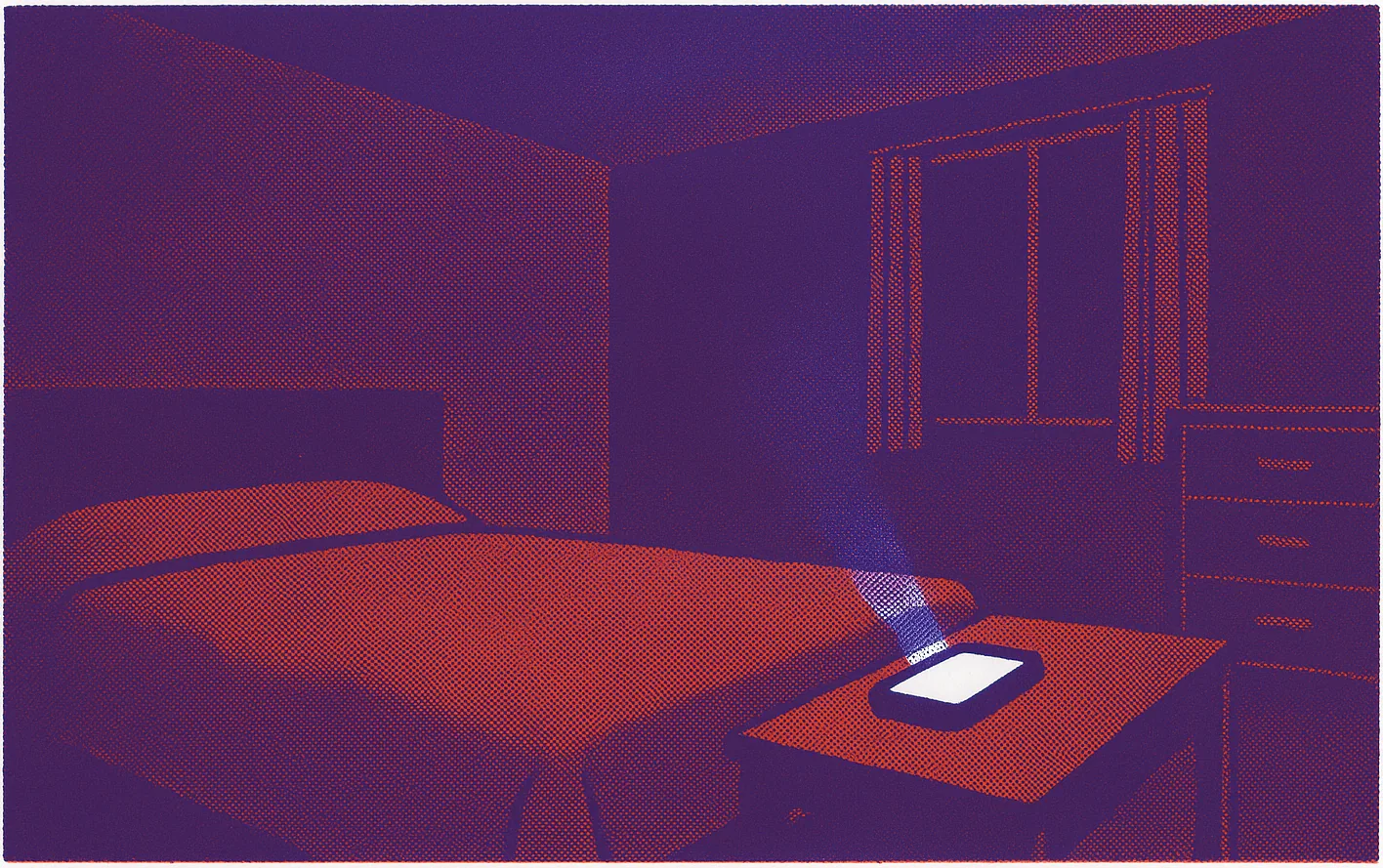 A screenprint of a small bedroom at night: the bed made and empty, a curtained window and a chest of drawers, and a phone lying face up on the nightstand throwing the only light in the room up the wall and across the ceiling.