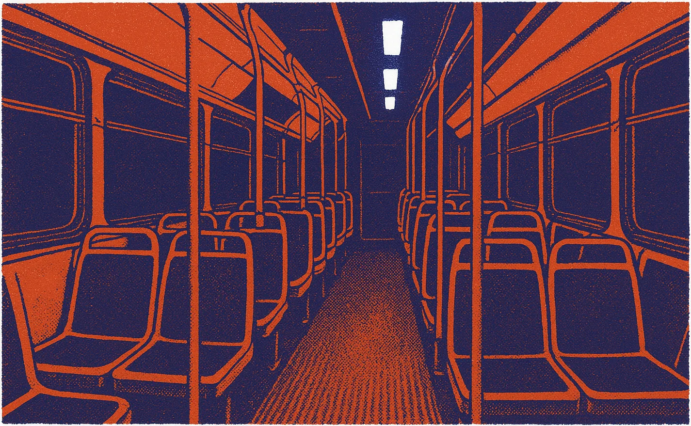A screenprint of the inside of a city bus at night: rows of empty seats down both sides of the aisle, grab poles and an overhead rail, black windows, and the ceiling lights throwing the only cool light down the length of the floor.