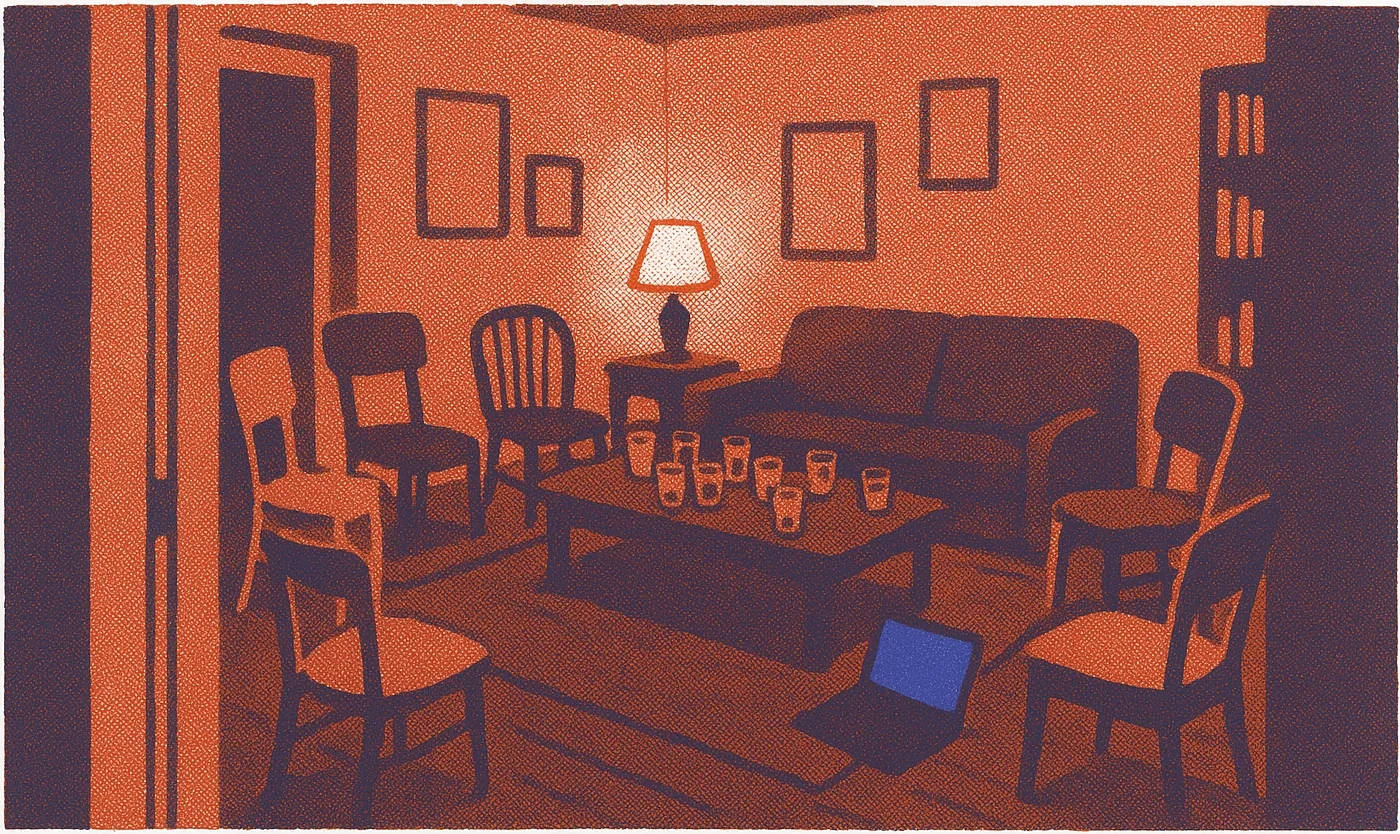 A screenprint of an empty living room after a gathering: chairs pulled into a ring around a table of used glasses, and an open laptop on the rug.