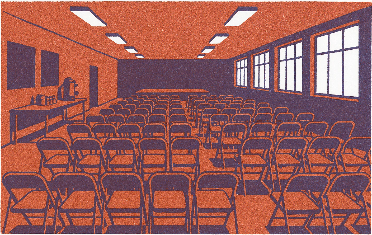A screenprint of an empty church basement hall: long rows of folding chairs facing a low platform, and a coffee urn on a trestle table.