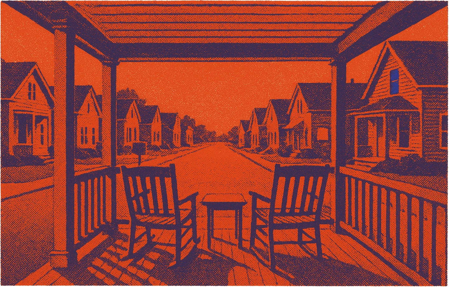 A screenprint of an empty front porch: two rocking chairs and a small table, looking out between the posts down a street of houses that get smaller into the distance.