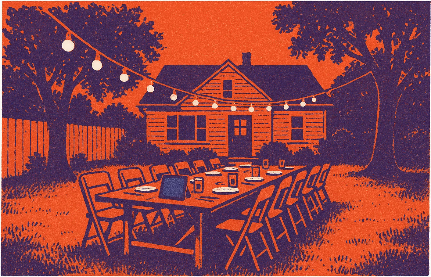 A screenprint of an empty back yard on a summer evening: a long trestle table set with plates and glasses, folding chairs down both sides, and a string of bulbs strung overhead.