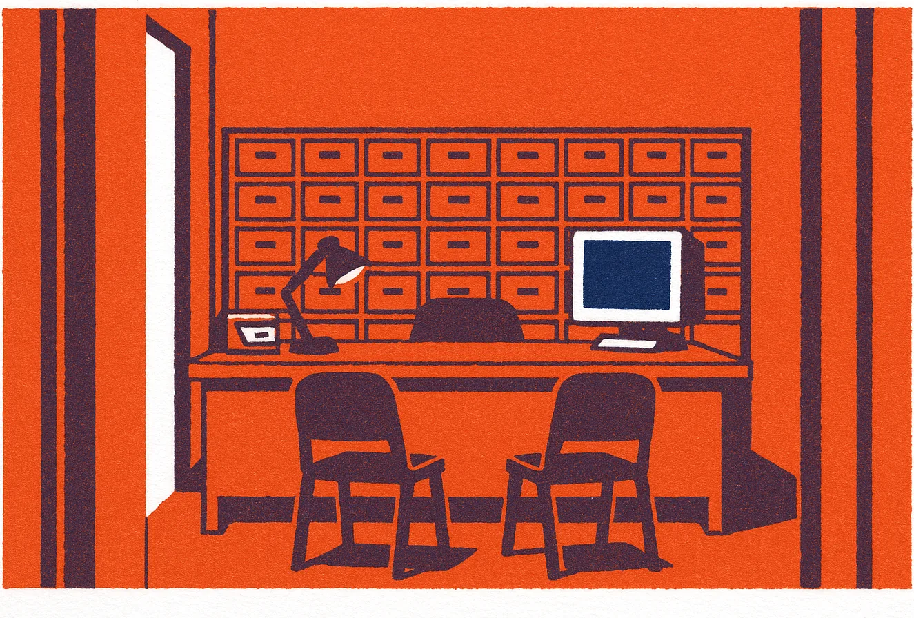 A screenprint of an empty introduction agency office: a desk with two client chairs facing it, a wall of small card-index drawers behind, and a computer monitor at one end of the desk.