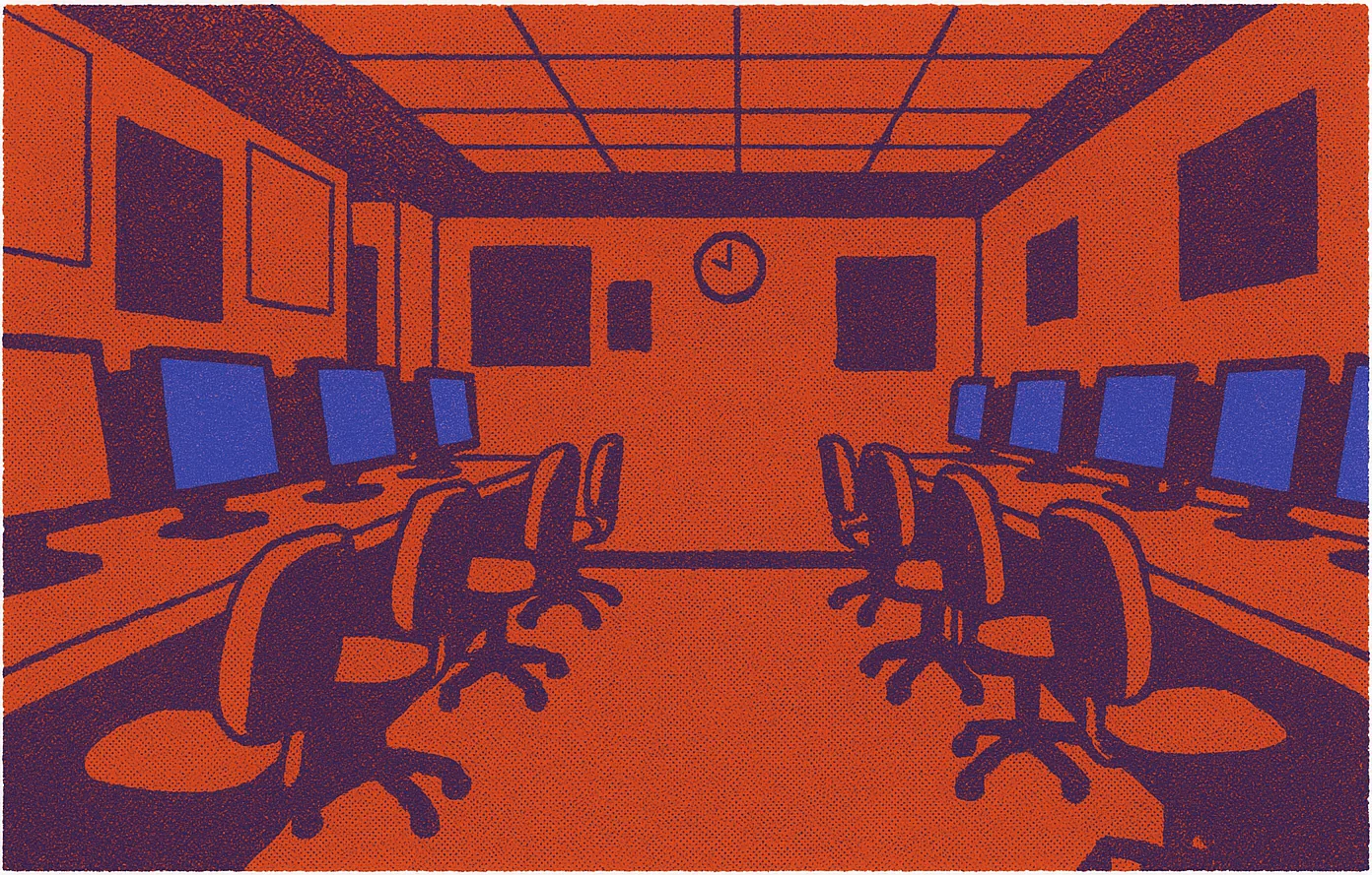 A screenprint of an empty internet cafe at night: two long desks of computer monitors down opposite walls, every screen lit, and a wheeled chair pushed in at each one.